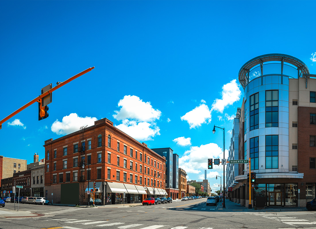 Fargo, ND - Fargo City Skyline and the Street Landscape in North Dakota